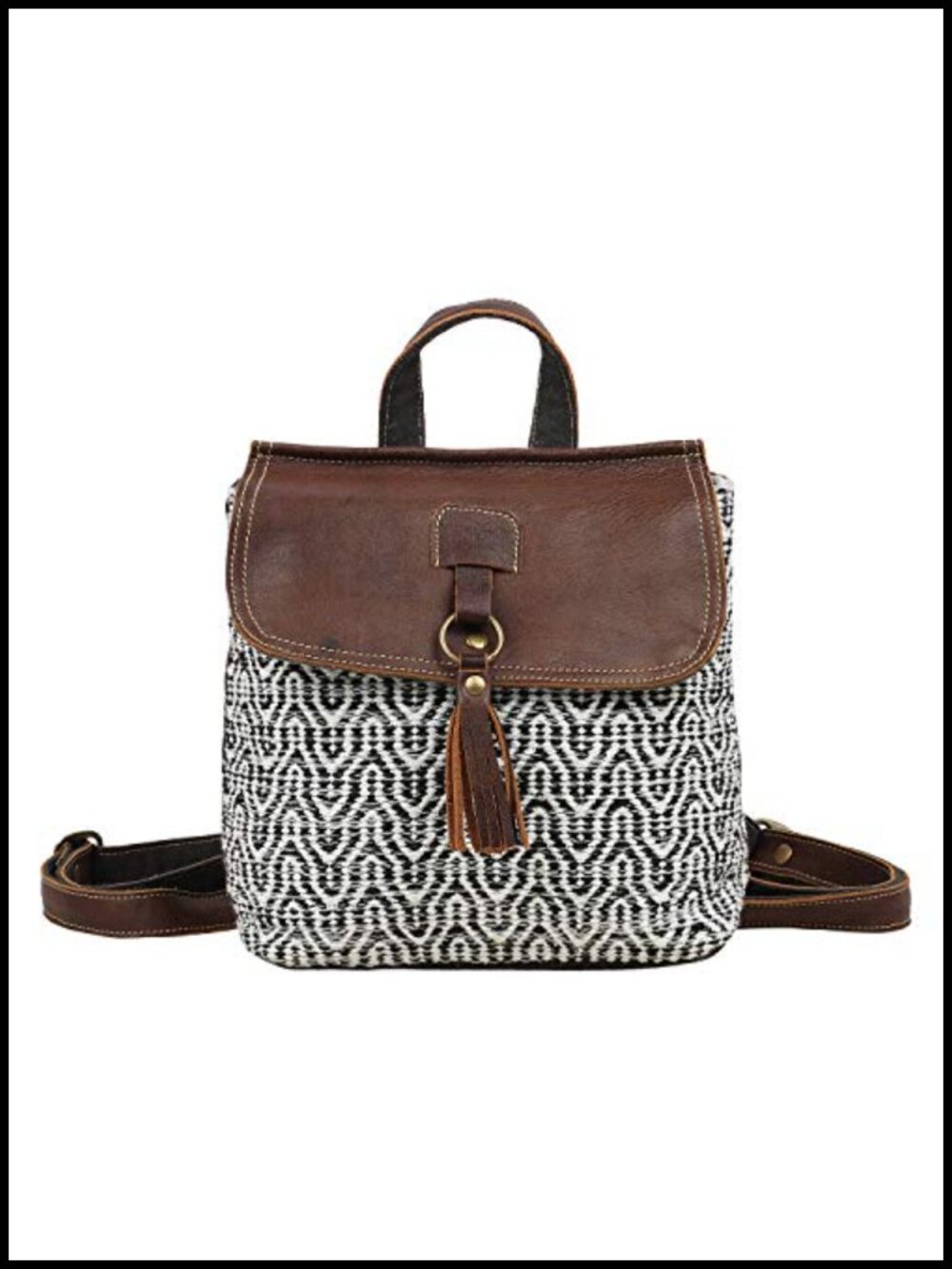 Canvas Geometric Boho Hobo Bag with Buffalo Leather Strap